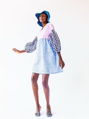 Tach Clothing Catarina Cloque Gingham Mini Dress S Mix Funky Fun Baggy Stylish